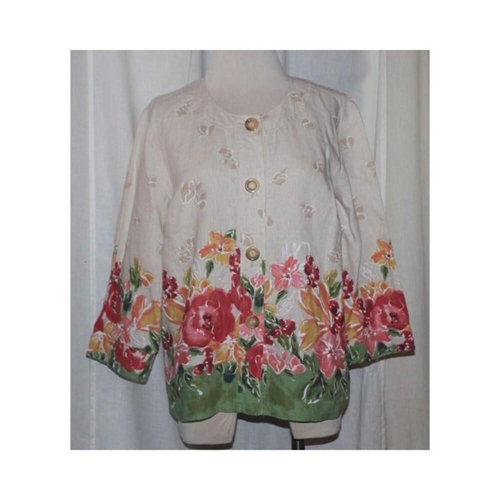 Women's JM Collection 100% Linen Ivory, Pink, Green Floral Button Up Top Size 12